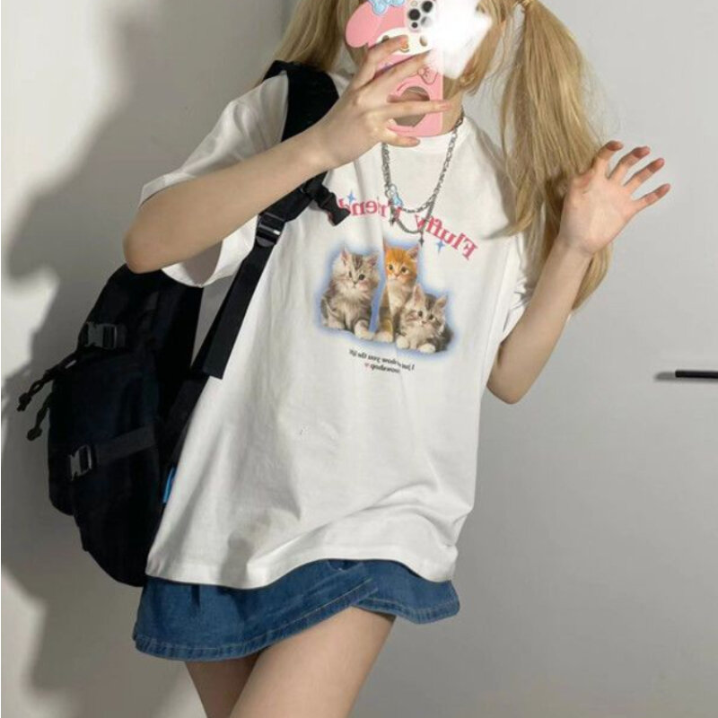Deeptown-camisetas con estampado de gato Kawaii para mujer, Tops recortados con gráfico bonito, camisetas holgadas de manga corta Y2k de algodón Harajuku, camisetas informales de verano