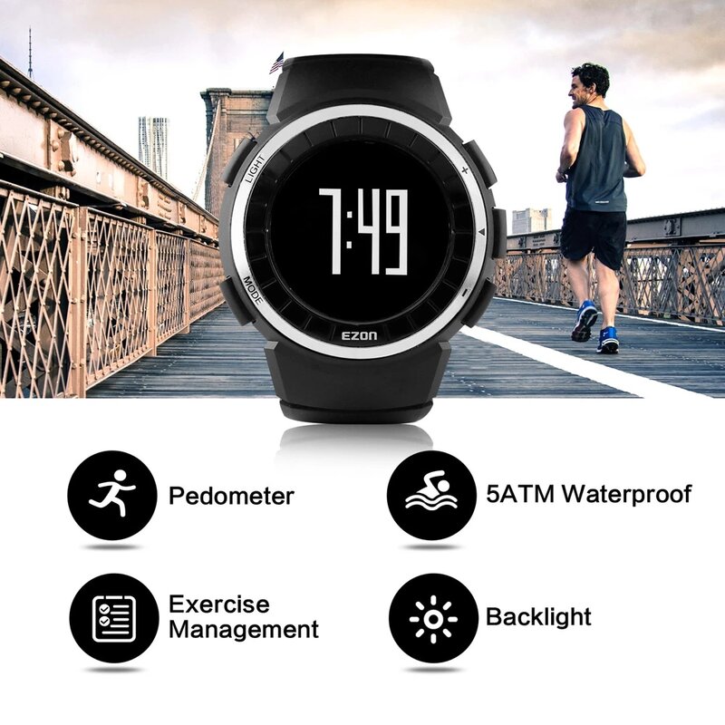 EZON-reloj deportivo Digital para hombre y mujer, cronógrafo con podómetro y calorías, resistente al agua hasta 50m, para Fitness, T029