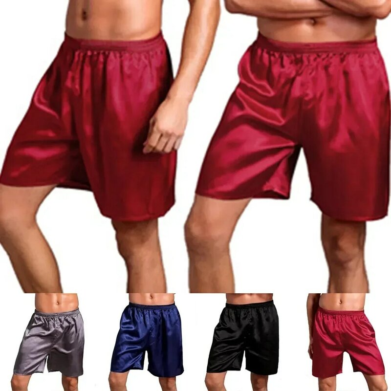 Атласные домашние штаны для сна, шелковые повседневные Пижамные шорты, однотонные боксеры, мужские брюки, Ночная одежда, пижама