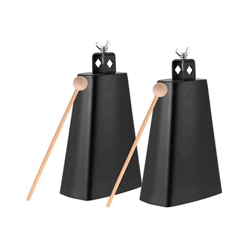 2 x 8 Inch, Manual Percussion Cowbell with Wooden Sticks for Drum Set, Sports, Home, Farm, Black