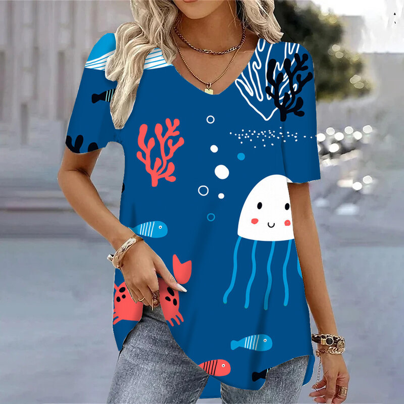 Blusa con cuello en V para mujer, camiseta de manga corta con estampado de dibujos animados en 3d, blusa azul Kawaii, Tops de gran tamaño para mujer 2024