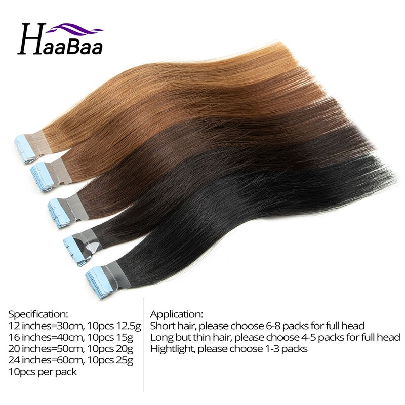 HaaBaa Brown Tape Hair Extensions 12" 16" 20" 24" Straight Mini Tape In Human Hair 10pcs/pack Natural Seamless Hairpieces