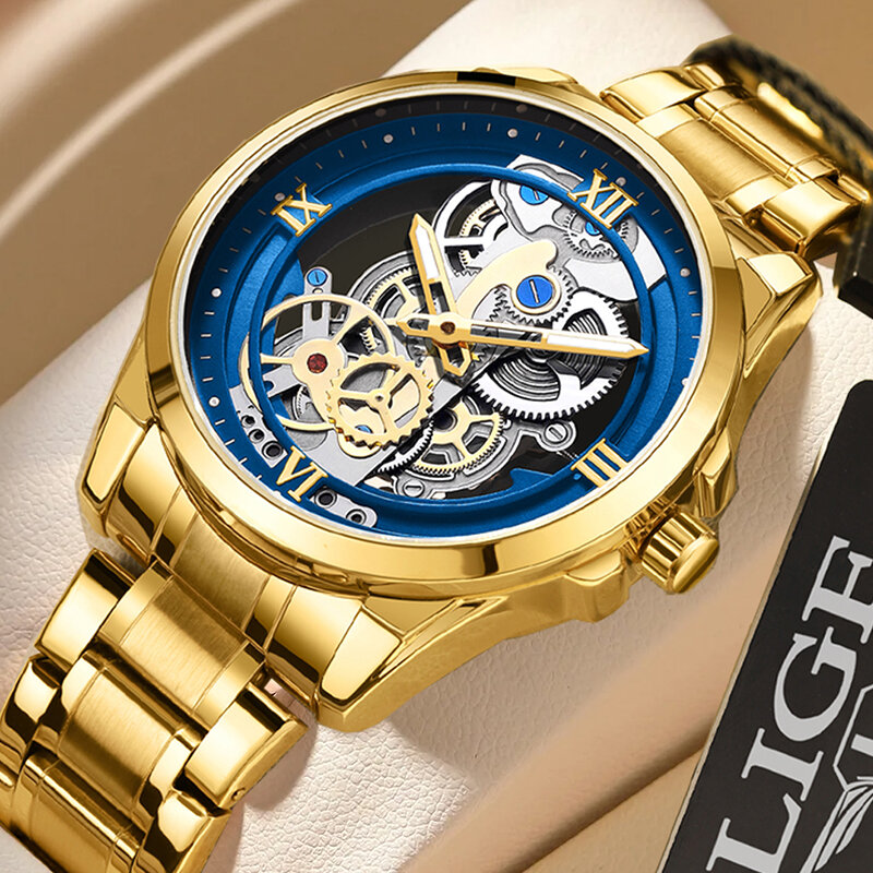 LIGE 여성용 크리에이티브 스틸 드레스 팔찌 손목시계, 황금 방수 여성 시계, Relogio Feminin