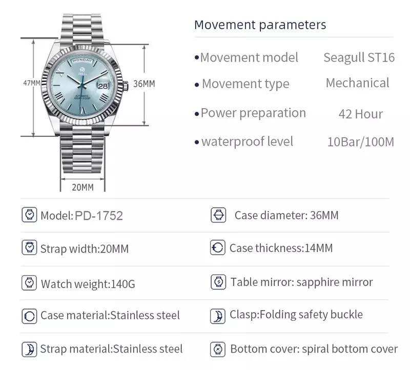 Relógio mecânico automático para homens, Relógio de vidro safira, Relógios Day Date Mechanica, Mostrador de textura meteorito de luxo, 2024