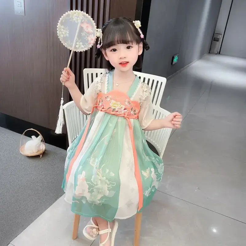 Vestido bordado floral hanfu tradicional para meninas, fantasia de fada, terno tang, roupa cosplay para fotografia, estilo chinês