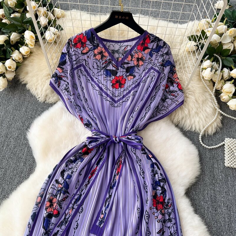 New Miyake Summer Print Women High Quality V Neck Batwing Sleeve Lace Up Bow Casual Loose Gatherd Waist Holiday Party Dresses