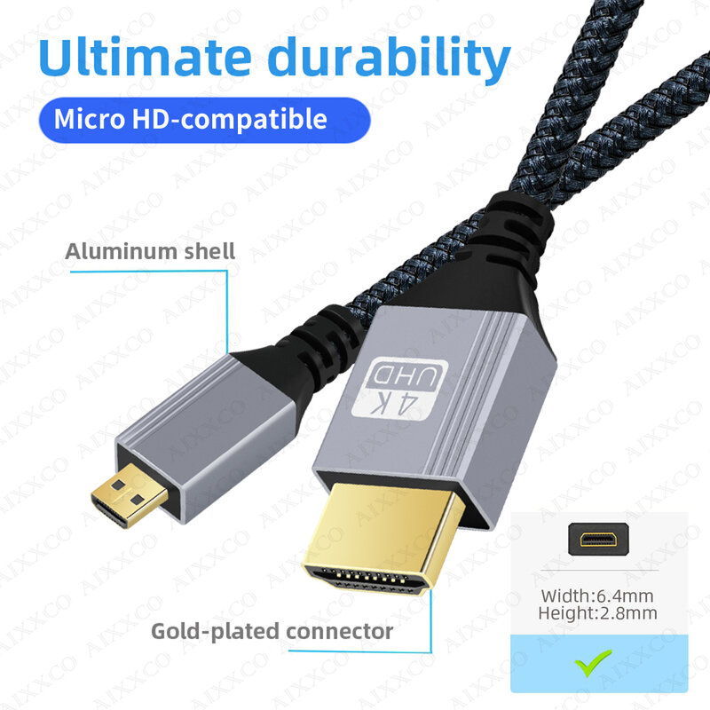 AIXXCO 1m 1.5m 2m 3m kompatybilny z Micro HDMI 4K/60Hz 3D do HDMI-kompatybilny z męskiego na męskie kablowy do projektora GoPro Sony