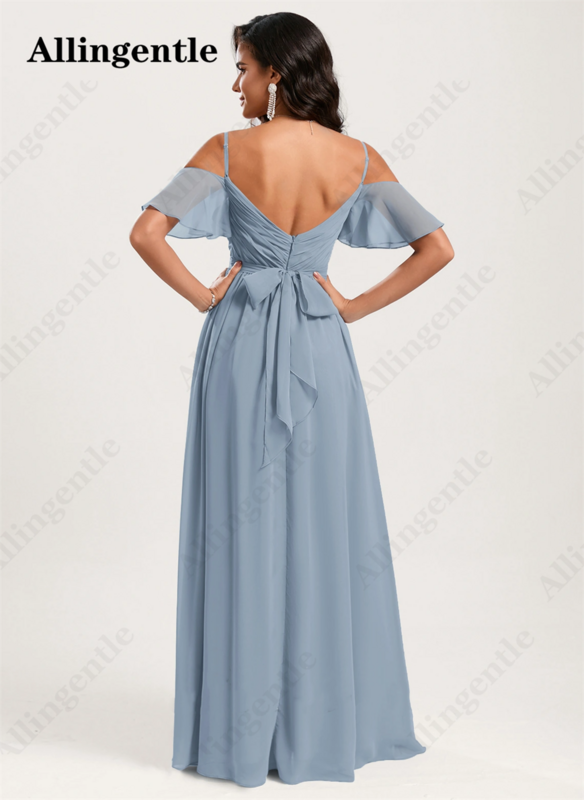 Allingentle A-Line V-Neck Bridesmaid Dresses Spaghetti Straps Short Sleeves Floor Length Split Side Chiffon Women Evening Gown