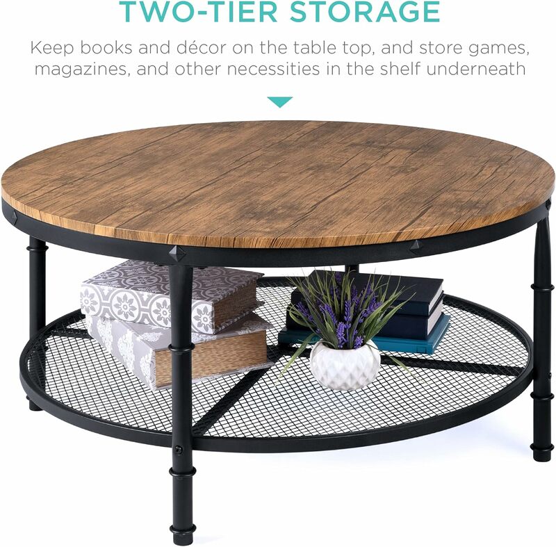 Coffee Table, Rustic Steel Accent Table for Living Room, w/Wooden Tabletop, Reinforced Crossbars, Padded Feet, Open Shelf