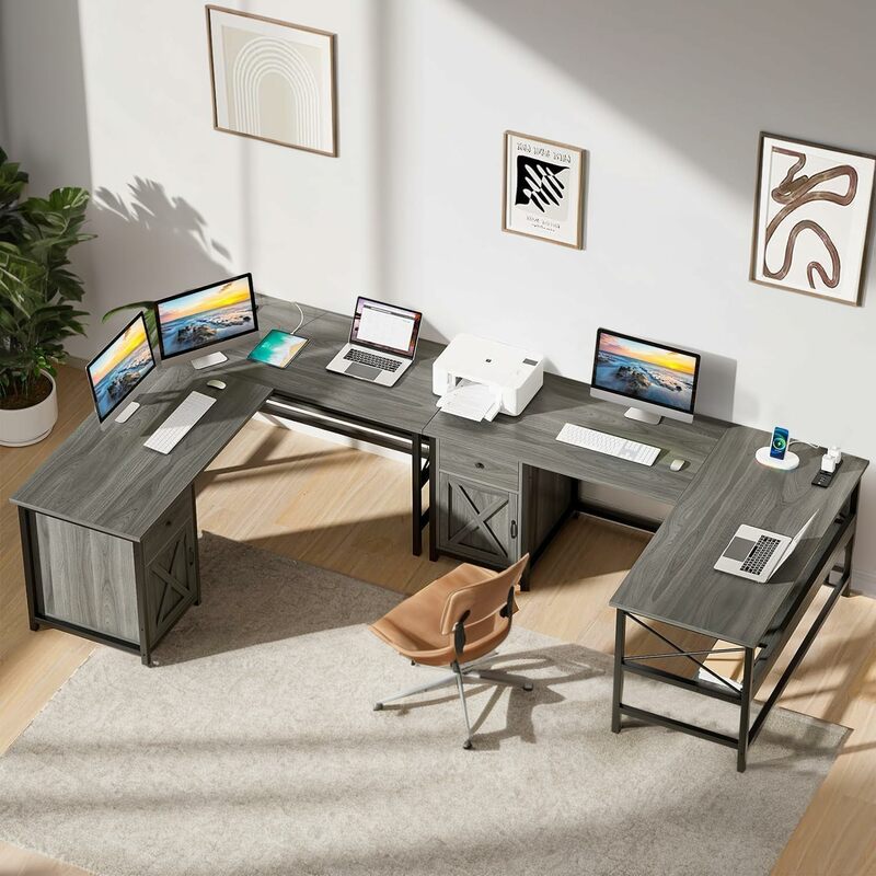 4 EVER meja berbentuk L dengan kabinet penyimpanan & stop kontak daya, 63 "meja komputer kantor rumah dengan laci dan rak untuk jagung