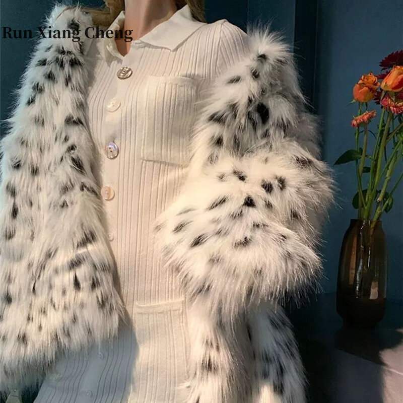 Abrigo de piel sintética de zorro para mujer, abrigo de longitud media con patrón de leopardo Bobcat, moda joven, otoño e invierno, 2022