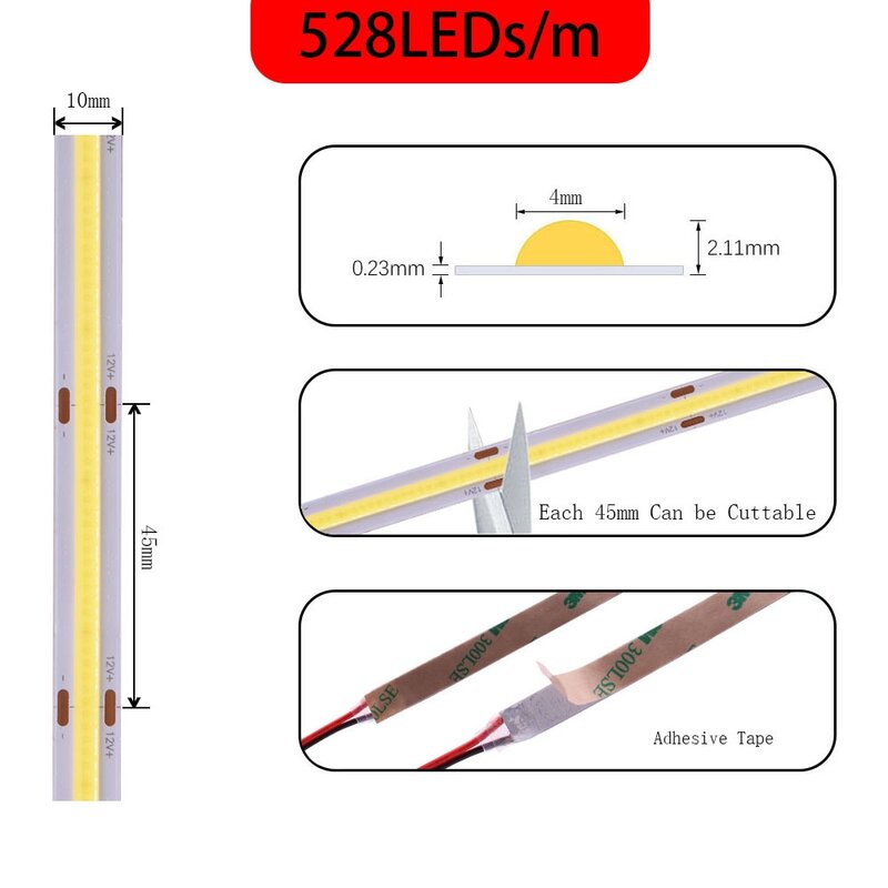 COB LED Strip Cahaya Kepadatan Tinggi Linear Pencahayaan 480/528Leds/M Pita Fleksibel Hangat Alami Putih Merah Biru Hijau Dekorasi DC12 24V