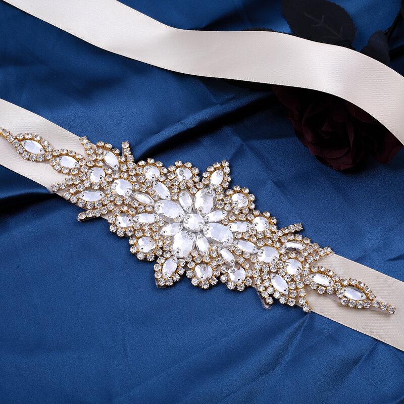 NZUK Crystal Bridal Sash Gold Diamonds Applique cinture da sposa cintura da damigella d'onore con strass fatta a mano per decorazioni nuziali