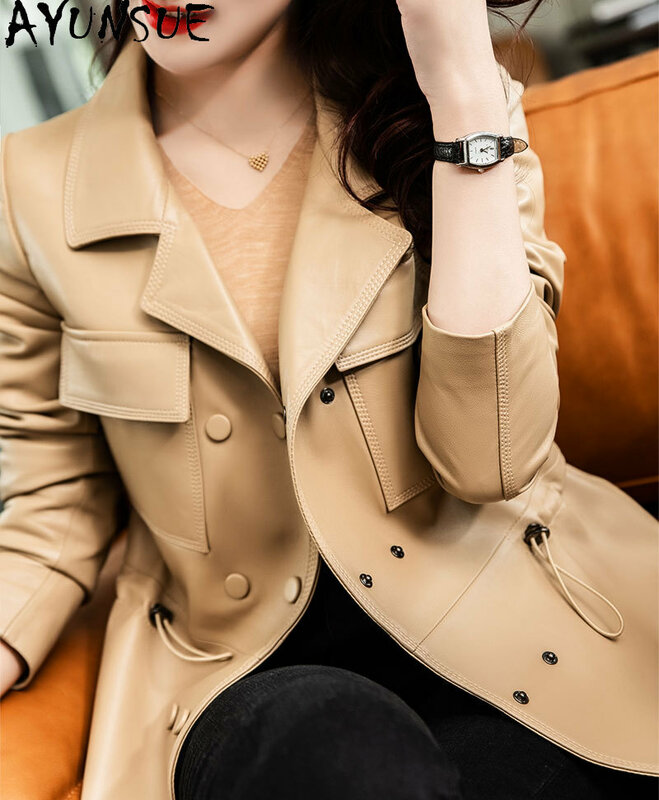 AYUNSUE Genuine Sheepskin Leather Jacket Women Elegant Waist Drawstring Real Leather Coat Suit Collar Jaqueta Couro Feminina