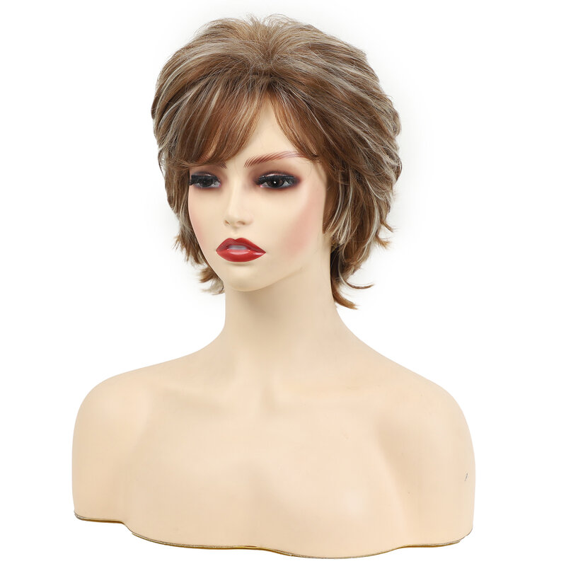 Cute Mommy Synthetic Hair Brown Short Curly Wigs with Bangs Ombre Hairstyle Loose Wave Daily Party Wigs for Women Perucas