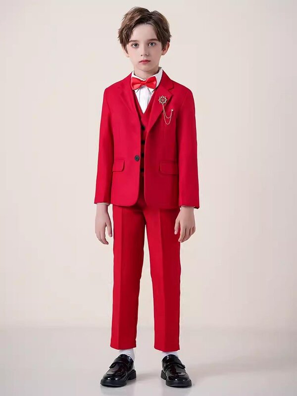 Red Skinny Photography Suit para crianças, jaqueta, colete, calças, gravata borboleta, traje de cerimônia, aniversário infantil, vestido de casamento, meninos, 4pcs