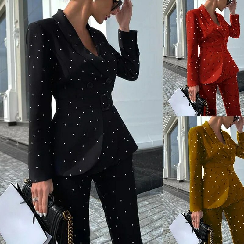 Black Autumn and Winter Style Elegant Women's Polka Dot Long-sleeved Office Suit Jacket New Two-piece Suit Pant Suits for Women