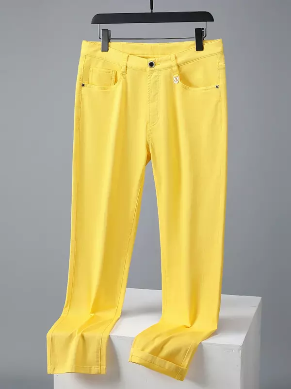 Pantalon d'Été observateur et Décontracté pour Homme, en Coton, Coupe Cintrée, Style Business et Bureau, FJM Long et Droit Coloré