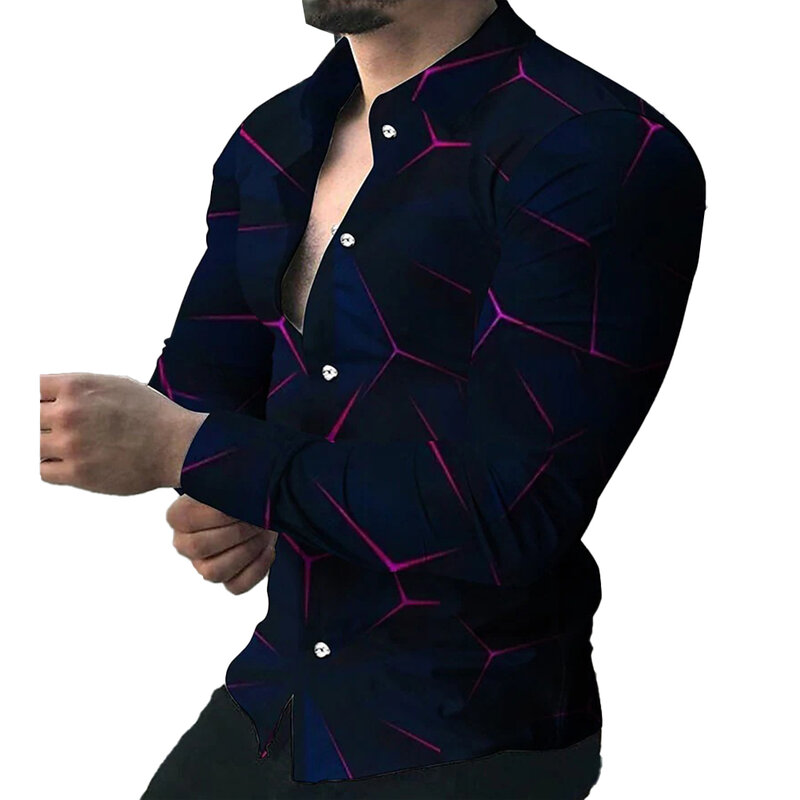 남성용 근육 피트니스 파티 T 원피스, 3D 그래픽 단추 다운 칼라, 긴팔 탑 셔츠, 편안한 패션