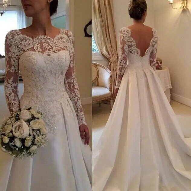 Elegancka suknia ślubna z odkrytymi plecami 2020 suknia w stylu Vintage de mariée koronkowa satynowy rękaw suknie ślubne 2022 Custom Made robe De Mariee