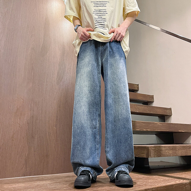กางเกงยีนส์ขากว้างสไตล์วินเทจสำหรับผู้ชายกางเกงขาตรงทรงหลวมใหม่
