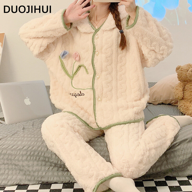 DUOJIHUI-Pijama floral chique para mulheres, conjuntos de pijamas de duas peças, top cardigã quente, calça solta, moda casual, doce, inverno