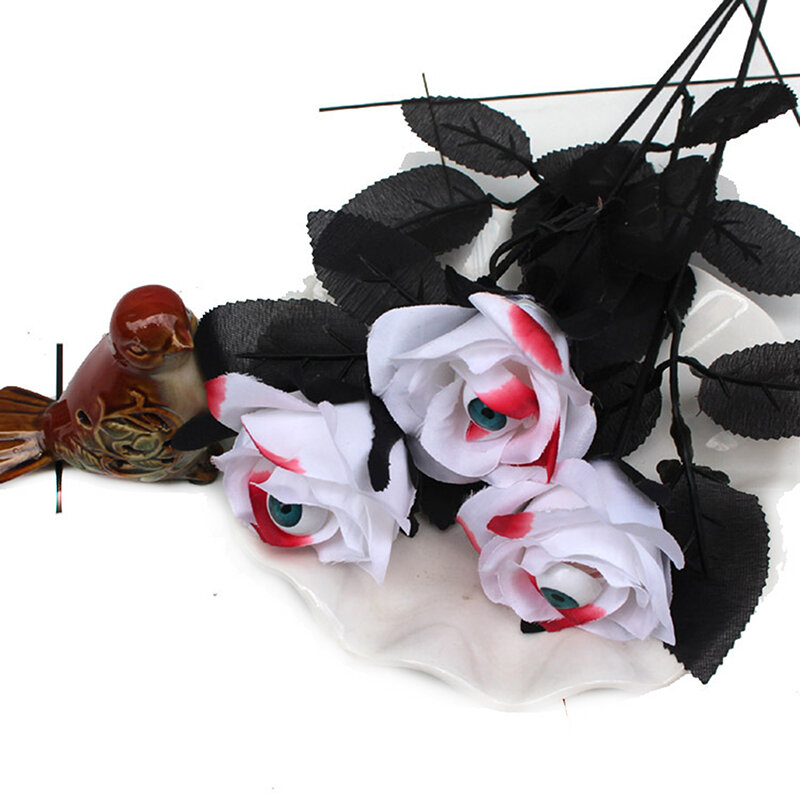 Flor Artificial de terror con globo ocular, Rosa Negra de 41cm, suministros para Halloween, accesorios para disfraces de Cosplay, 1 unidad