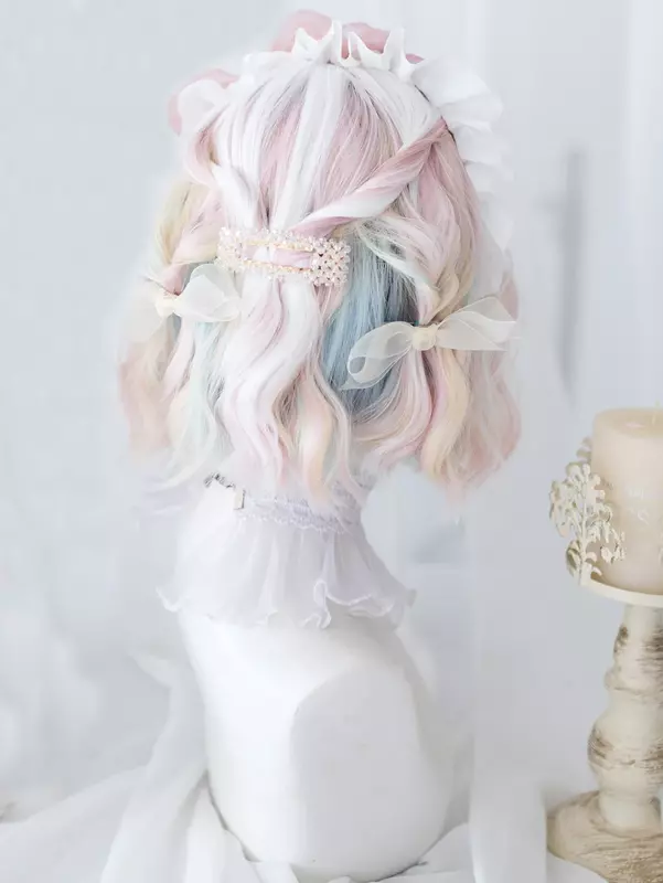 Wig sintetik warna ganda merah muda putih 12 inci dengan Wig rambut bergelombang alami pendek untuk wanita Cosplay Drag Queen tahan panas