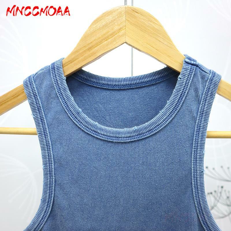 Mnccmoaa 2024 Vrouwen Vintage Blauw Gat Gebreide Y 2K Tank Tops Sexy Slank Rib Vest Casual O-hals Effen Dames Mouwloze T-Shirts