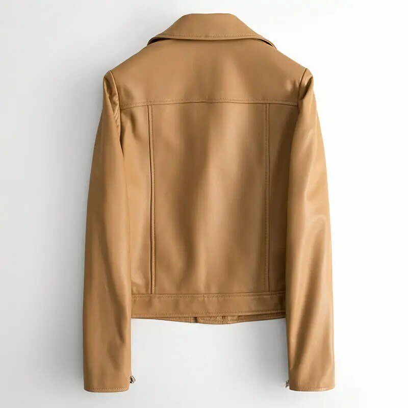 Mantel kulit domba, mantel kulit edisi Korea wanita musim semi/gugur, jaket gaya sepeda motor mode, jaket kulit wanita