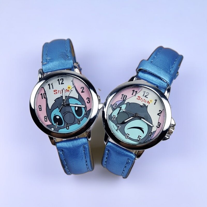 Montres de dessin animé Disney Stitch pour enfants, bracelet en cuir pour filles, montre pour femme, horloge étanche pour enfants