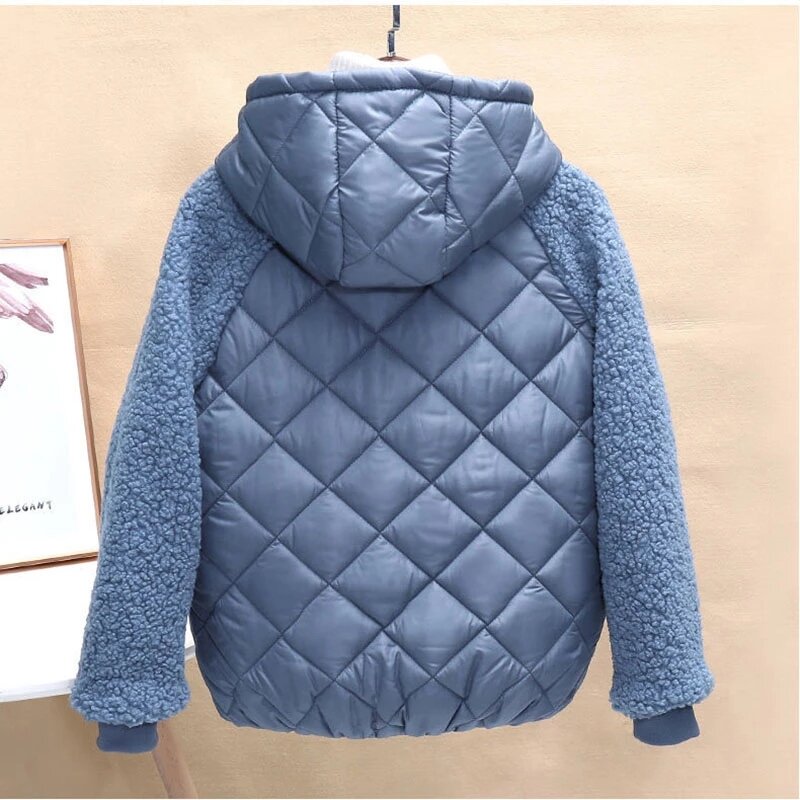 Chaqueta fina y ligera de algodón para mujer, abrigo corto con capucha, chaqueta holgada de lana de cordero, otoño e invierno, 2023