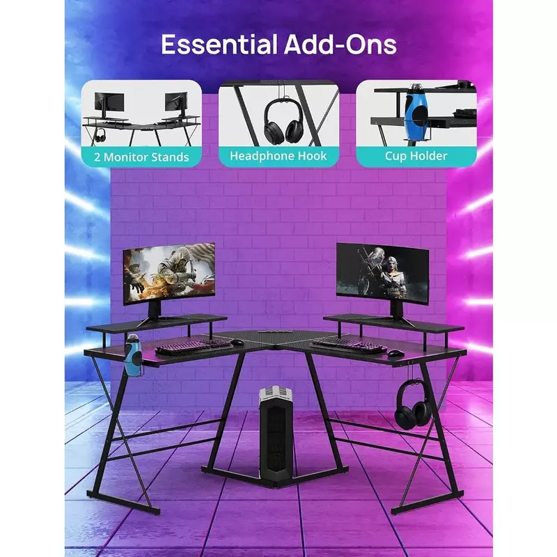 Gaming Desk, L Shaped Computer Corner Desk, 53" Ergonomic Gaming Table with Monitor Stands, PC Desk with LED Strips