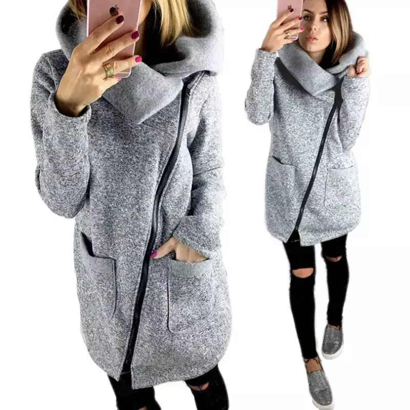 Manteau à col zippé oblique pour dames, veste femme, vêtements chauds, mode décontractée, sourire, automne et hiver, 5XL