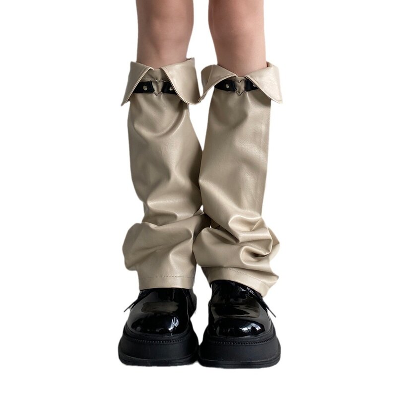 Solapas de cuero Y2K para mujer y niña, calentadores de piernas cálidos de encaje acogedor hasta la rodilla, calcetines de subcultivo negros
