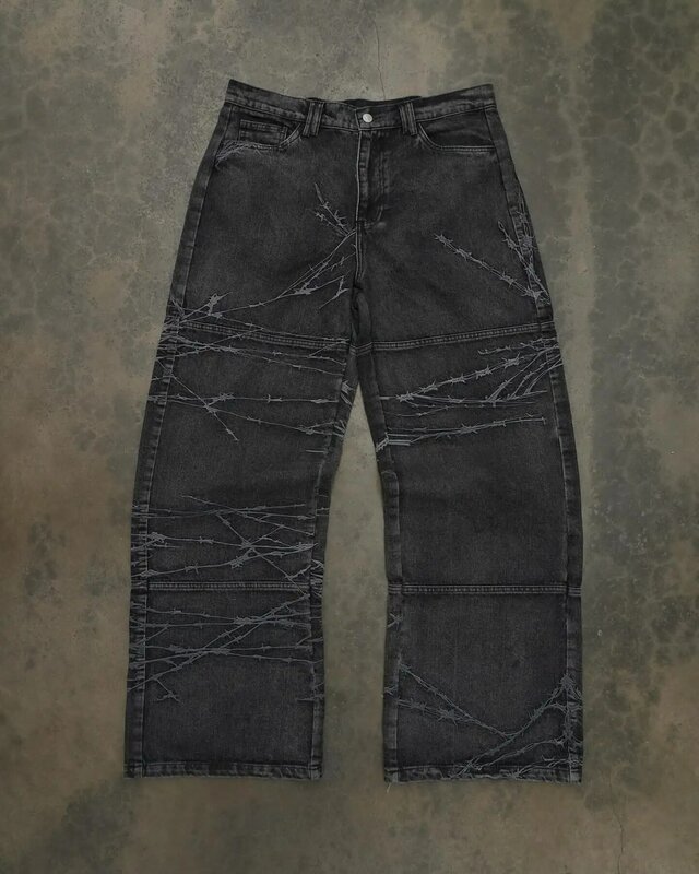 Retro hoch taillierte Baggy Jeans Streetwear Y2k Jeans schwarz Distressed Punk Hip Hop Männer Frauen weites Bein gerade Jeans hose heiß