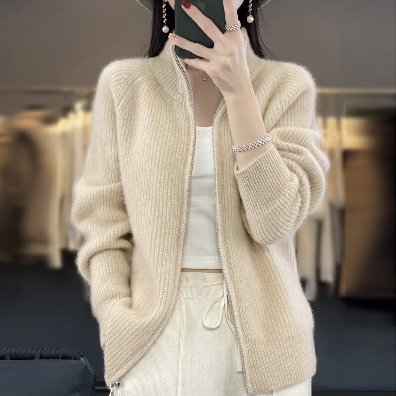 100% reine Wolle Reiß verschluss Strickjacke gepolsterte Schulter Stehkragen Damen Kaschmir Strick mantel neue Revers Pullover