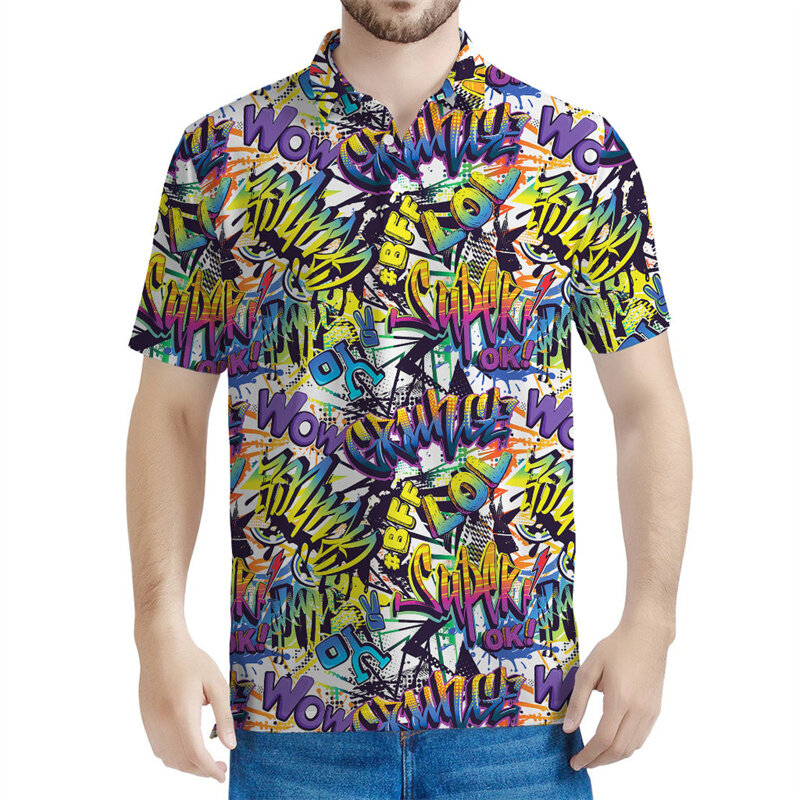 Рубашка-поло Y2k мужская с 3D-принтом, Повседневная футболка с коротким рукавом, с принтом граффити, с графическим принтом в стиле ретро, топ с лацканами