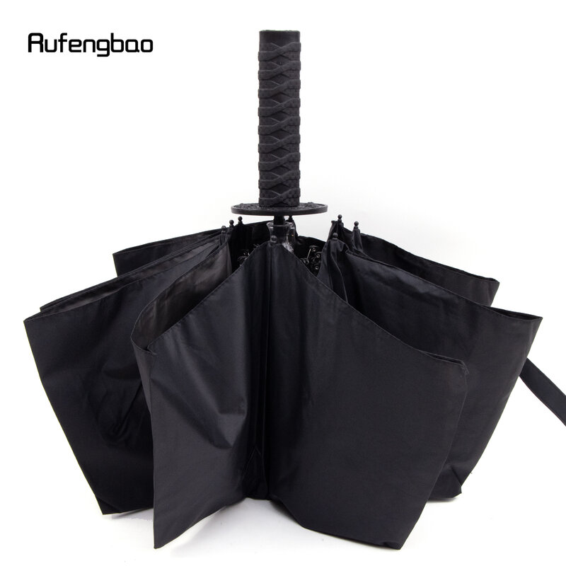 Paraguas negro Samurai para hombre y mujer, Paraguas automático, 8 huesos, plegable, protección UV, días soleados y lluviosos, resistente al viento