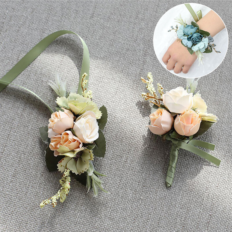 Bunga pergelangan tangan korsase pengiring pengantin wanita bunga buatan tangan sutra buatan gelang mawar bunga untuk dekorasi pesta dansa pernikahan