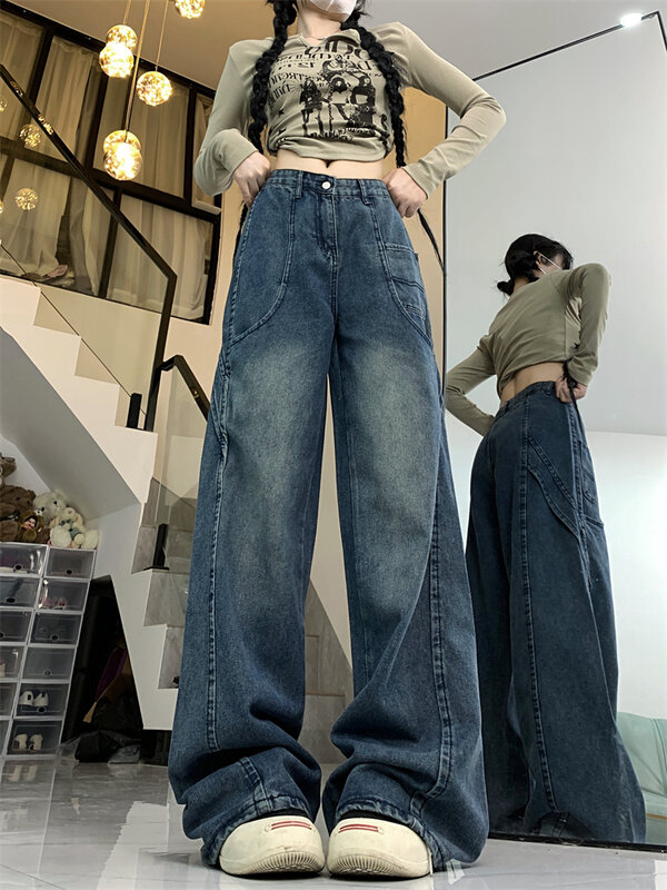 Women's Large Pocket Design Blue Jeans Vintage American Street Style Casual Wide Leg Pants Female Straight Denim Trousers