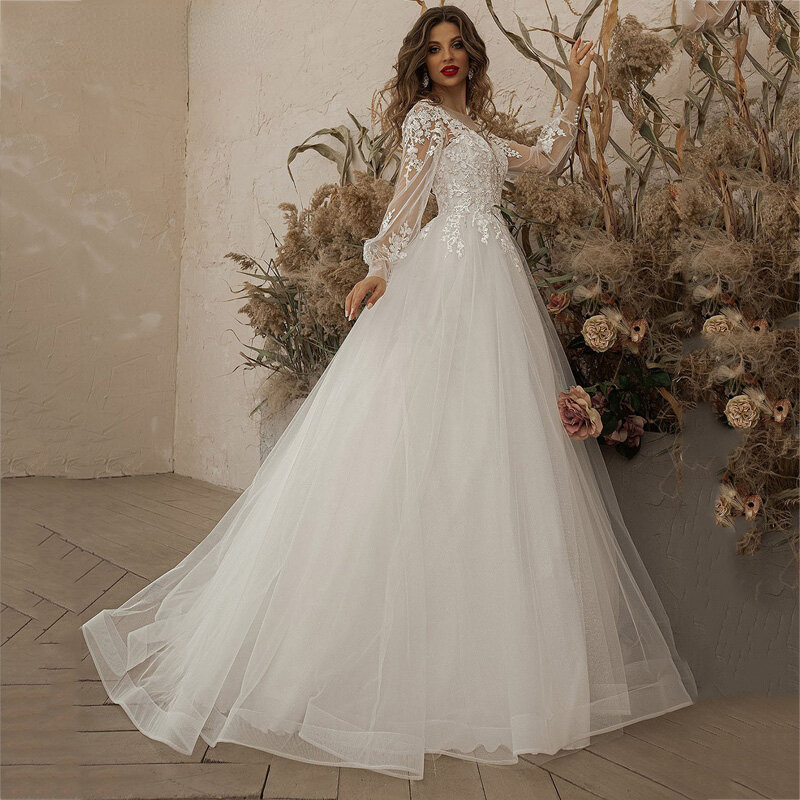 Squisiti abiti da sposa avorio manica lunga Appliques pizzo 3D fiori moderno Tulle Boho abito da sposa 2023 vestidos de novia Beach