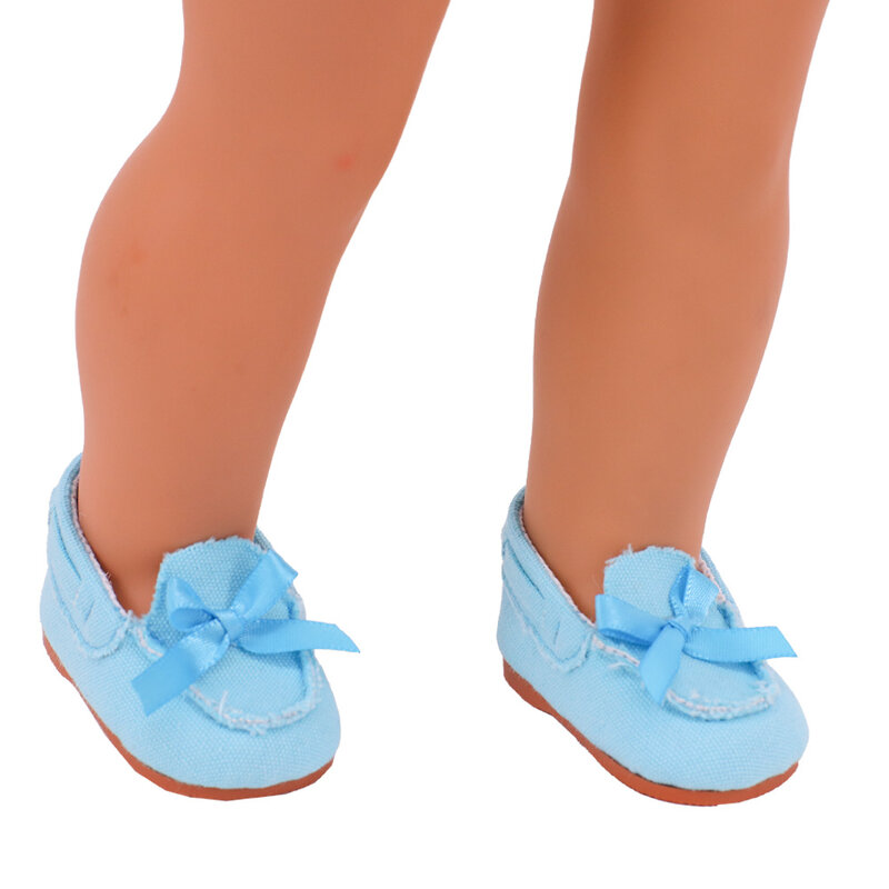 ความยาว7ซม.ตุ๊กตารองเท้าสำหรับ18นิ้วสาวอเมริกัน & 43ซม.Baby New Born ตุ๊กตาเสื้อผ้าอุปกรณ์เสริมดอกไม้/Bows แสตมป์ผ้าใบรองเท้า