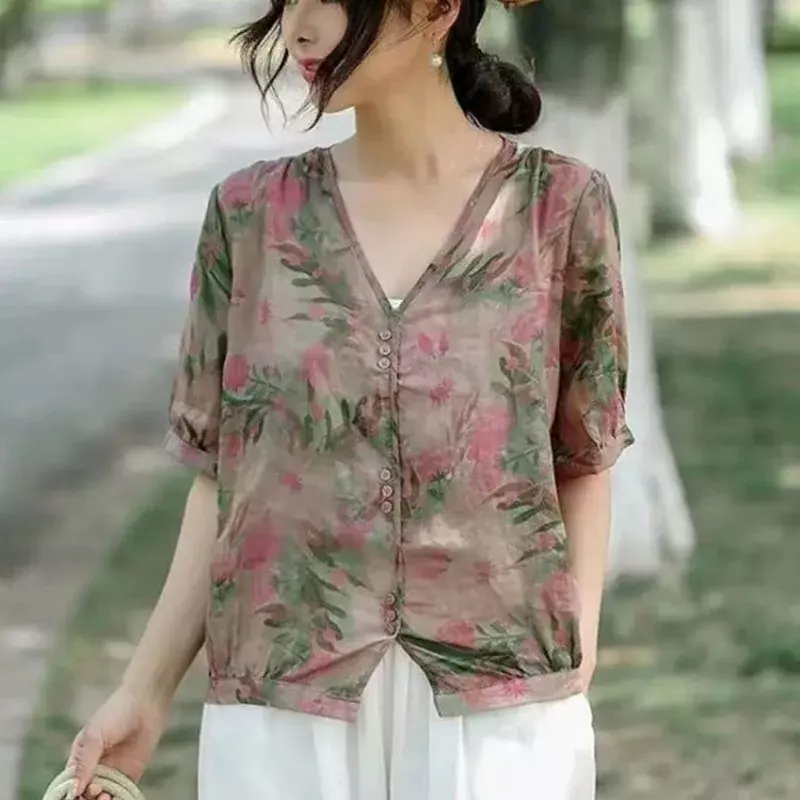 여성용 우아한 레트로 프린트 반팔 상의, 얇은 코튼 및 대마 루즈 단추 패널, V넥 셔츠, 여름 패션
