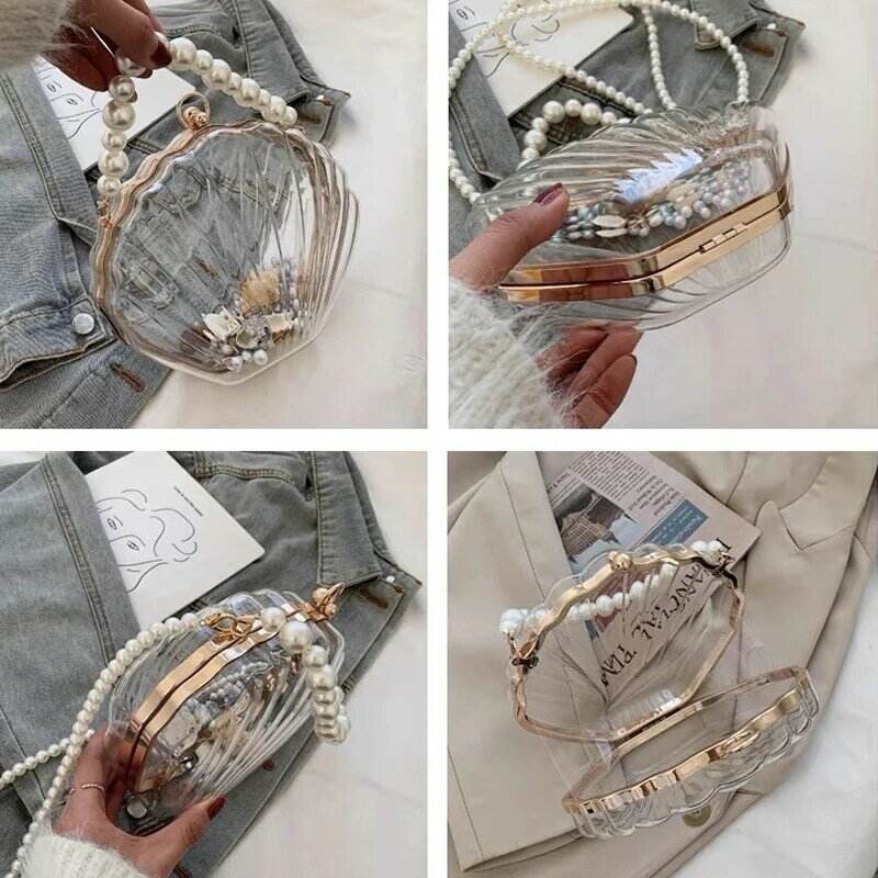 Borsa a tracolla con Design a conchiglia trasparente in acrilico di moda per le donne catene di perle borse a tracolla Color caramella borse piccole