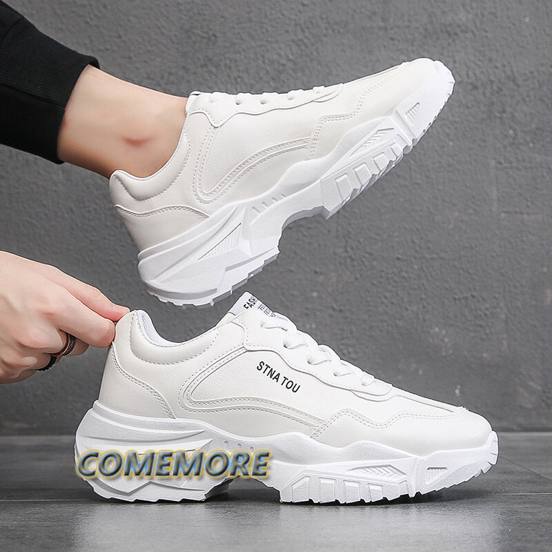 Chunky Sneakers Fashion Men Shoes White Casual Running Shoes Spring Male PU Platform Vulcanized Shoes Round Head Summer Lace-up