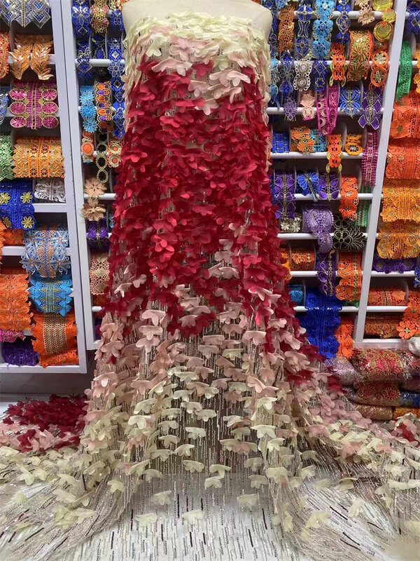 Tecido de renda de rede africana de penas fofas, Lantejoulas francesas, 3D, bordado para vestido de casamento, luxo
