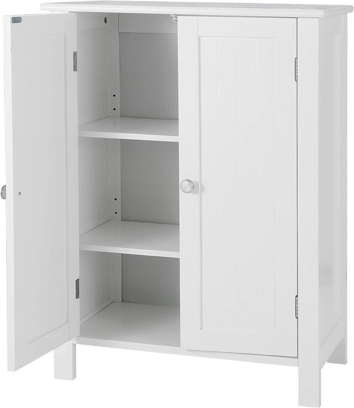 Free Standing Bathroom Storage Cabinet, Entry Floor Cabinet com 2 Prateleiras, altura ajustável, Double Door Storage Cabinet, 3 Prateleiras