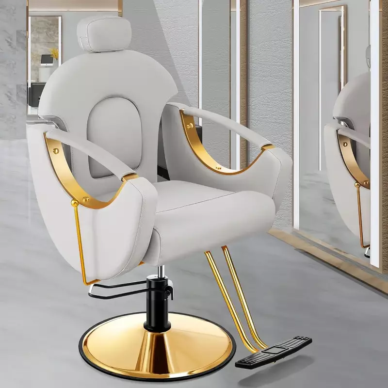 Barber Chair Reclining Hair Salon Chair, All Purpose Gold Salon Chair for Hair Stylist, 360 Degrees Rolling Swivel Stylin
