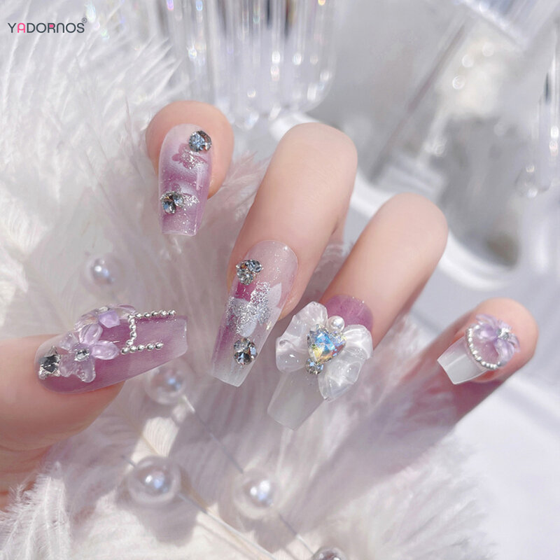 블러시 보라색 가짜 손톱 긴 발레리나 프레스 손톱, 3D 꽃 나비 매듭 디자인, 반짝이 스팽글, 여성용 가짜 손톱 팁